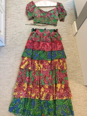 Alice and Olivia Crawford lace up smocked top and Jia ruffled tiered skirt